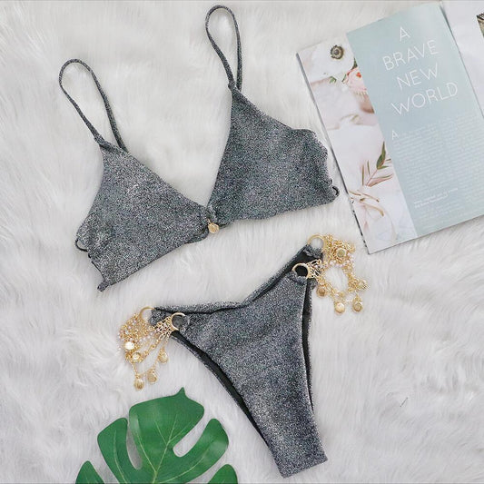 Bikini Metal Chain Pearl Shell Accessories Swimsuit Strap Women Swimsuit S Gray