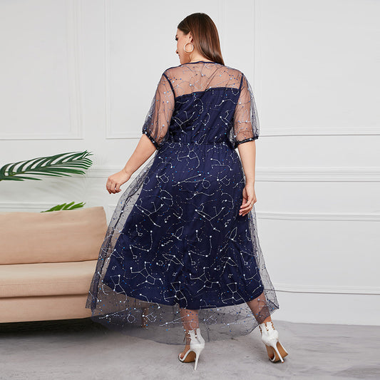 Plus Size New French Hepburn Dress Women Mesh Banquet Party Maxi Dress Prom Dresses