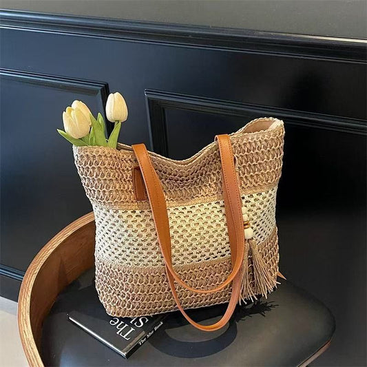 One Shoulder Hollow Out Cutout out Straw Bag Tassel Woven Bag Vacation Beach Bag Contrast Color Straw Bag One Size Belt Double Tassel Coffee