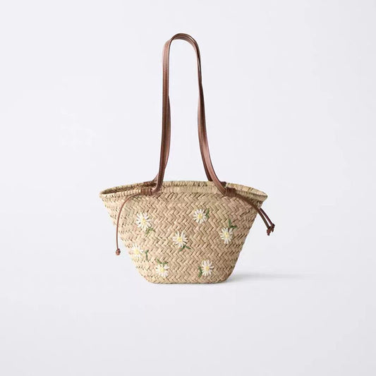 Fresh Floral Embroidery Shoulder Straw Bag Large Capacity Mitsubishi Straw Woven Bag Seaside Vacation Beach Bag One Size Mitsubishi Grass Floret