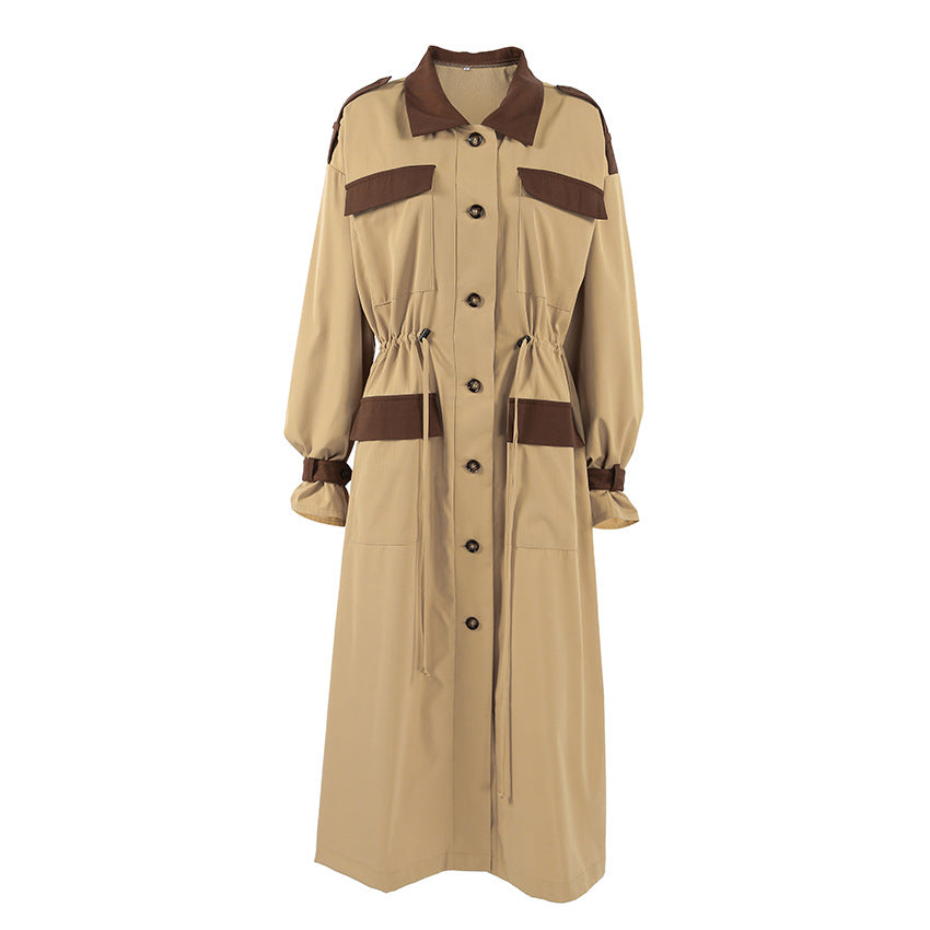 Retro Contrast Color Trench Coat Women Autumn Winter Tooling Casual All Match Khaki Collared Long Sleeve Long Cut Coat