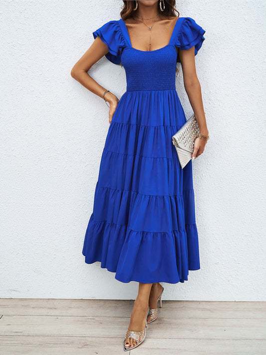 Square Collar Printing Pleated Ruffle Sleeve Elegant Bohemian Printing Dress Solid blue