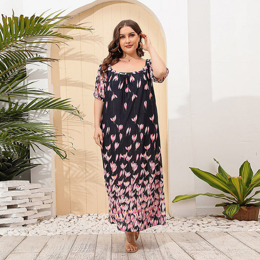 Plus Size Women Loose Home Wear Short Sleeve Dress Floral Print Maxi Dress