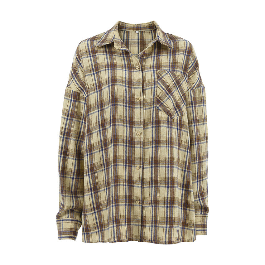 Retro Plaid Shirt Women Loose Long Sleeve Top Fall Winter Women