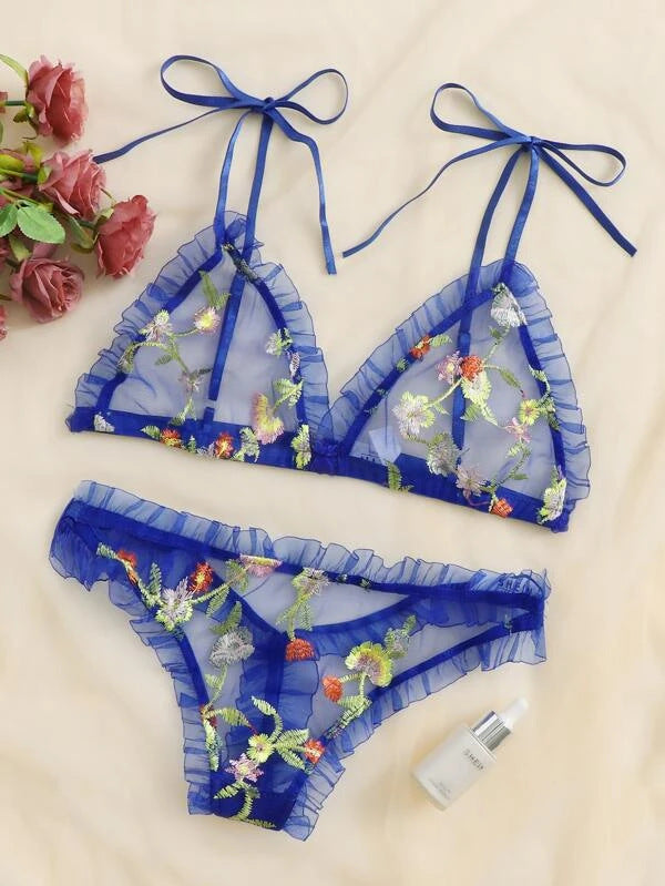 Sexy Lingerie Mesh See-through Lace Sexy Three-Point Sexy Sleepwear Blue