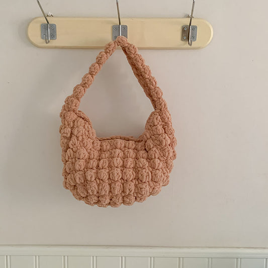 Cute Portable Beanie Straw Bag Handmade Crocheted Solid Color Hand Carrying Woven Bag Women Seaside Vacation Beach Bag One Size Color Doudou Bag Coffee