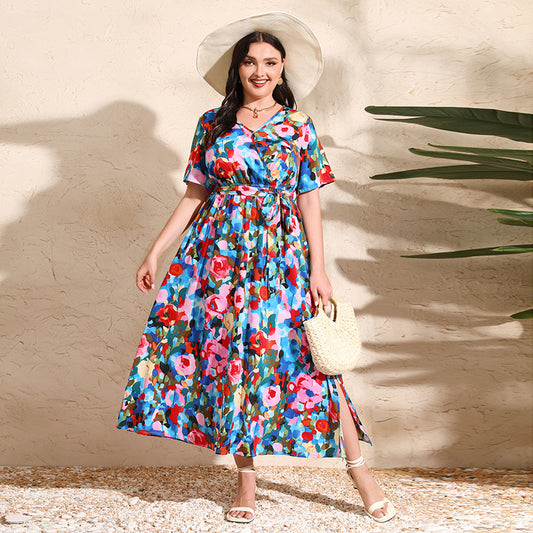 Colorful Rose Holiday Dress V Neck Short-Sleeved Chiffon Dress