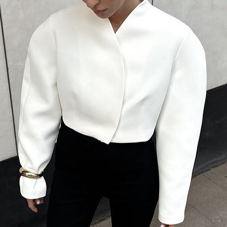 Autumn Stylish Graceful Simple V neck Machete Long Sleeve Loose Fitting Short Coat Women