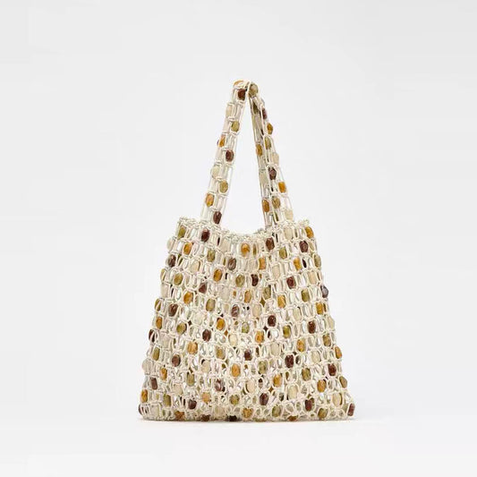 Summer Casual Beaded Bag Women Special Interest High Sense Woven Bag Plaid Hollow Out Cutout Wooden Bead Beach Bag One Size Multi