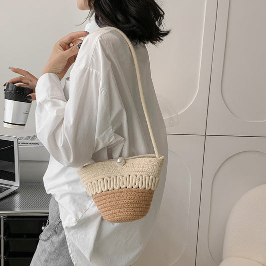 Crossbody Straw Bag Cotton Thread Woven Bag Mobile Phone Change Key Case Hollow Out Cutout Cotton Thread Woven Bag Casual Cute Women