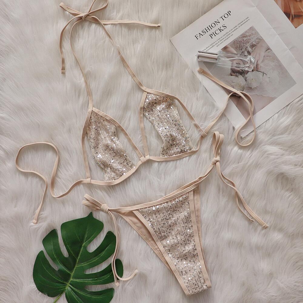 Bikini Sexy Split Sequined Swimsuit Women Lace-up Cutout Beach Swimsuit camel