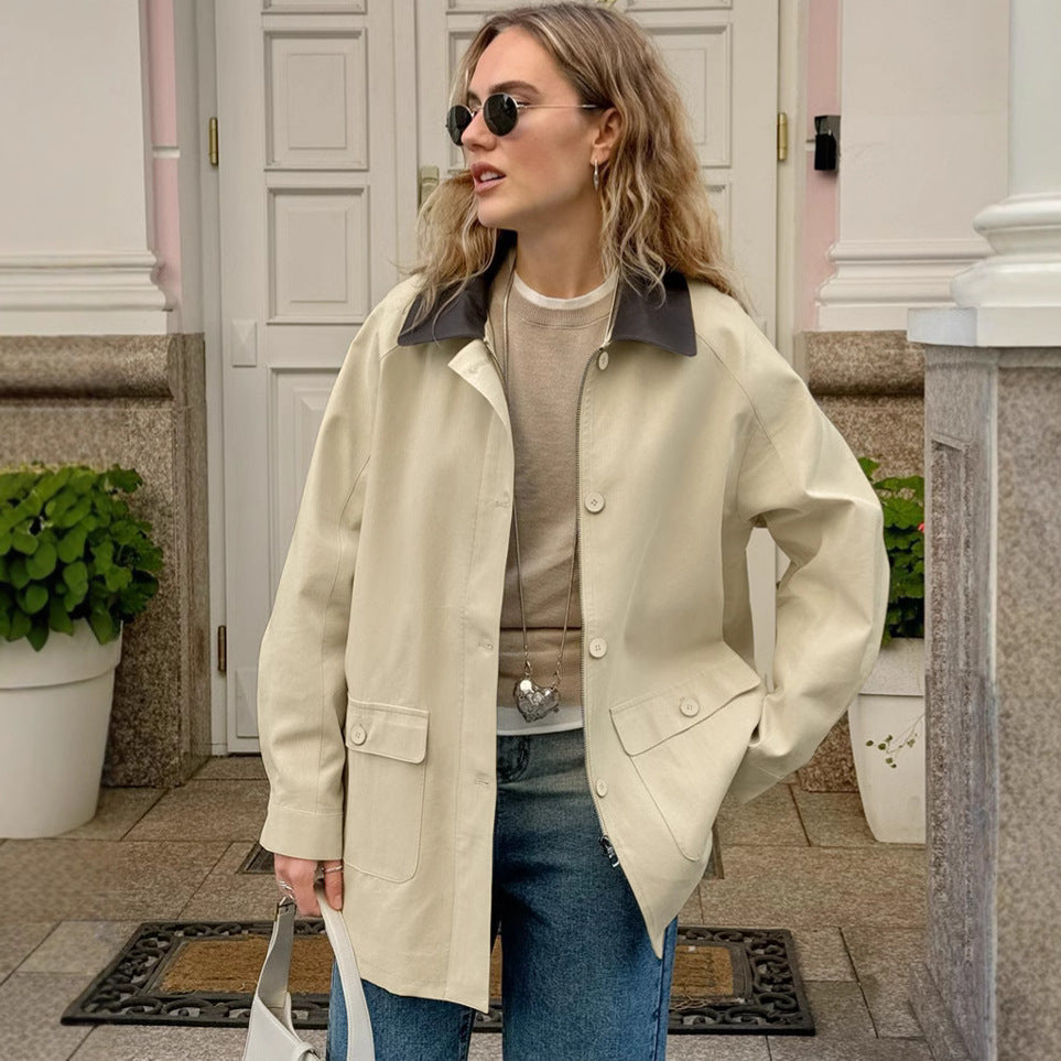 Retro Lapels Pure Cotton Contrast Color Loose Casual Jacket Autumn Winter Coat