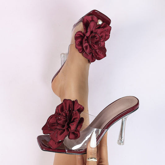 Plus Size Square Head Crystal High Heel Stiletto Open Toe Floral Rhinestone Little Fairy Sandals for Outer Wear Burgundy