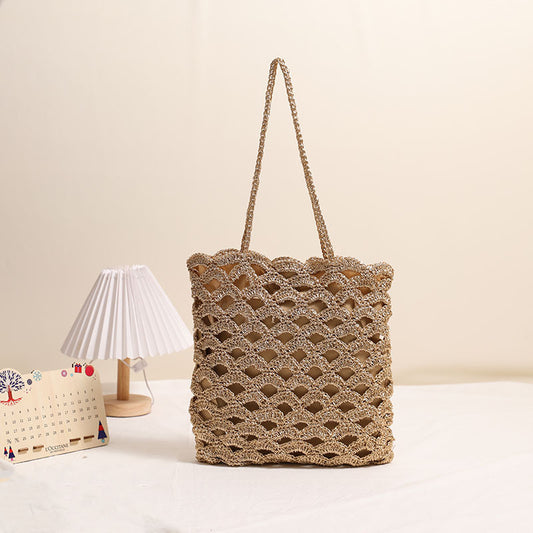 Hollowed out Shoulder Straw Bag Wave Pattern Straw Bag Woven Bag Vacation Beach Bag Niche Design Women Bags One Size Gold Fan Surface