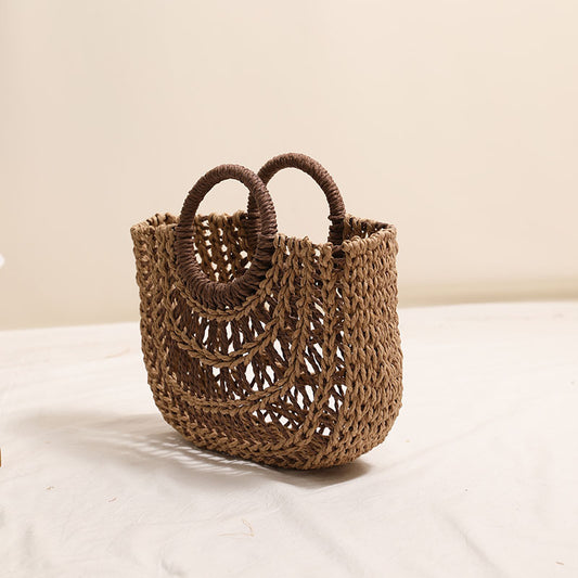 Hollowed out Semicircle Portable Straw Weaved Bag Round Handle Contrast Color Straw Bag Woven Bag Women Seaside Vacation Beach Bag