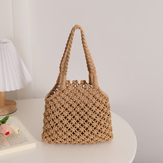 Hollow Out Cutout Cotton Thread Woven Bag Summer Cotton String Women Bag Portable Solid Color Straw Bag Vacation Beach Bag One Size Oblique Small Cotton Thread Coffee