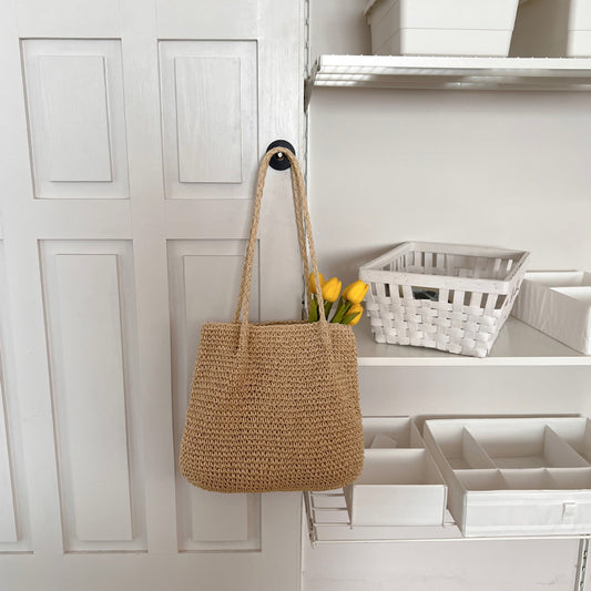One Shoulder Large Capacity Straw Bag Portable Simplicity Casual Straw Bag Woven Bag Seaside Vacation Beach Bag Rattan Weave Bag Women One Size Brown