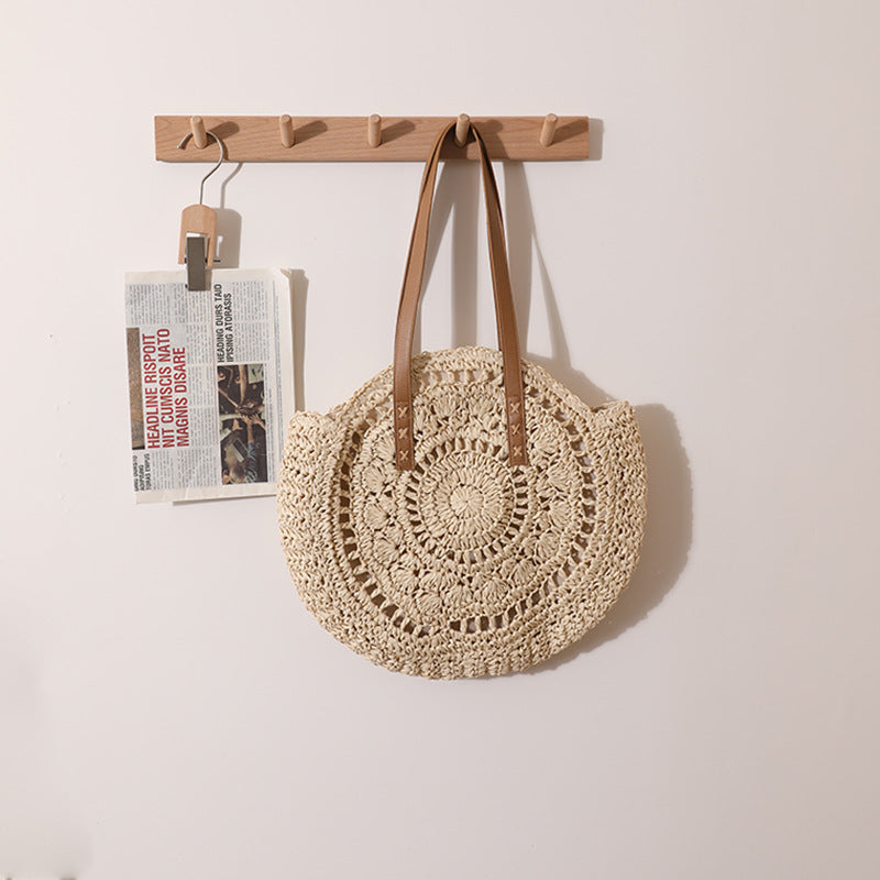 round Straw Bag One Shoulder Portable Hollow Out Cutout out Straw Bag Woven Bag Women Summer Seaside Casual Vacation Beach Bag One Size Round Hollow M