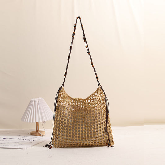 Summer Straw Woven Bag With Lace Up Pattern Suitable For Women Beach Vacation Beach Bag