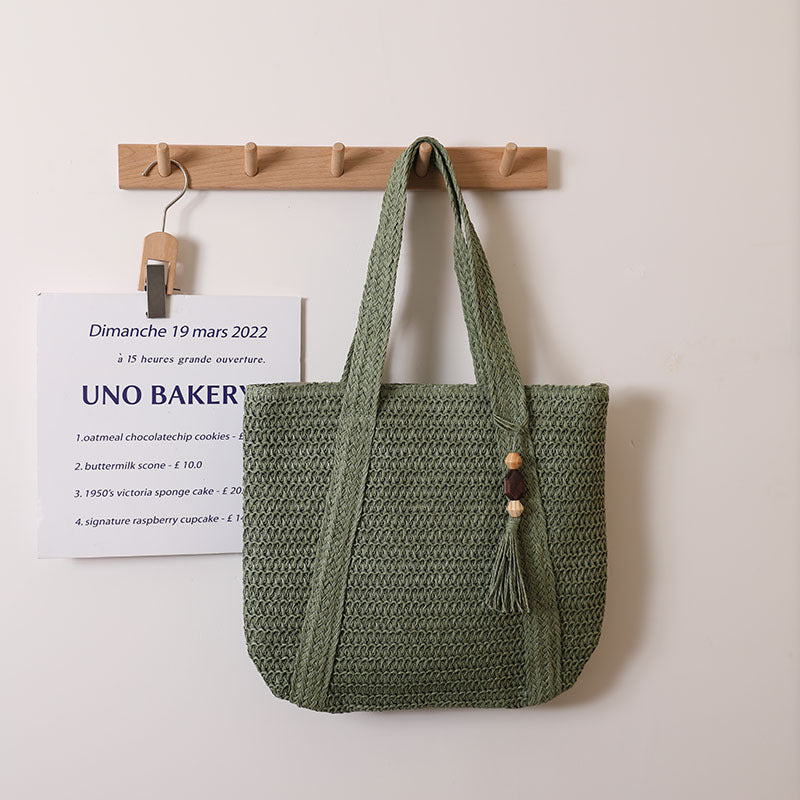 Women Solid Color Woven Bag Large Capacity Shoulder Straw Bag Vacation Beach Bag Women Bag One Size Green