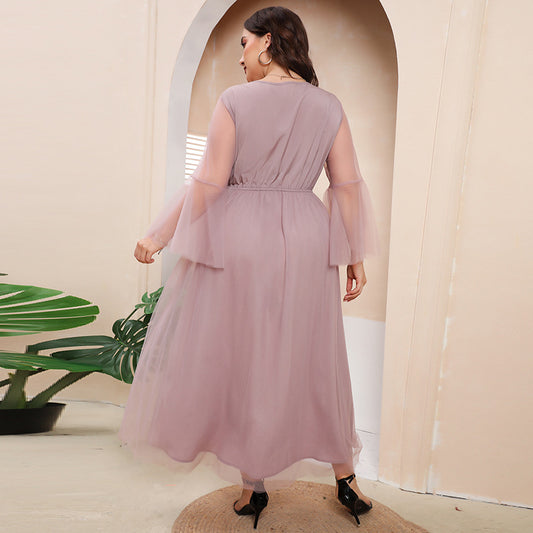 Plus Size Mesh Long Sleeve Dress Evening Dress Women Plump Girls Cocktail Party French Midi Dress