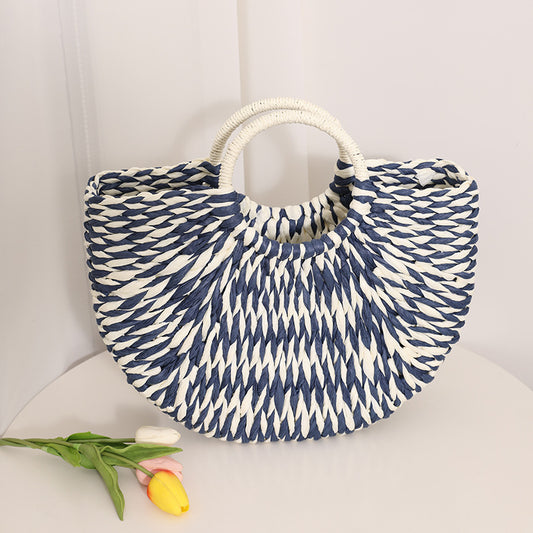 Niche Semicircle Portable Straw Weaved Bag Retro Color Hand Carrying Straw Bag Woven Bag Women Seaside Vacation Beach Bag One Size Blue