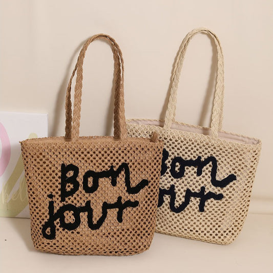 Letter Graphic Embroidery Woven Bag All Match Shoulder Hollow Out Cutout Straw Bag Vacation Beach Bag Women Bag
