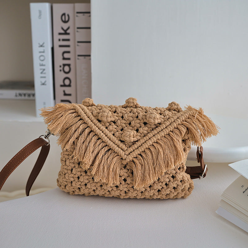 Beanie Crossbody Cotton Thread Woven Bag Women Tassel Bag Cover Shoulder Straw Bag Vacation Beach Bag One Size Cotton Thread Bean Tassel Coffee