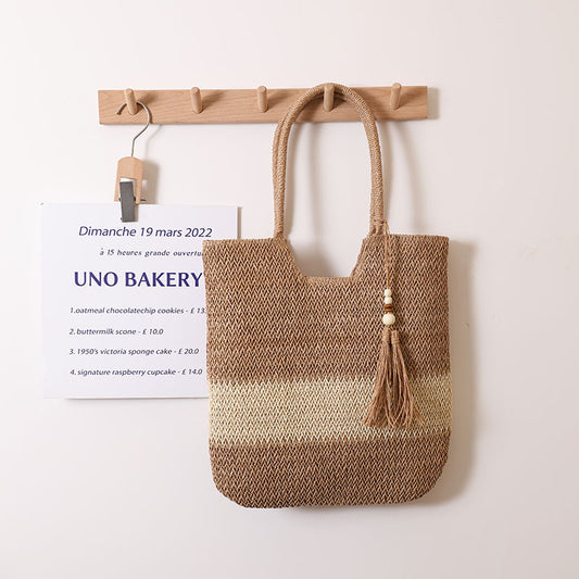 Woven Two Tone Tassel Woven Bag Shoulder Bag Casual Straw Bag Casual Women Bag Beach Bag One Size Coffee