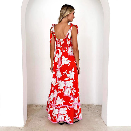 Floral Wave Halter Dress - Spaghetti Strap A-Line Maxi Dress with Tie Details