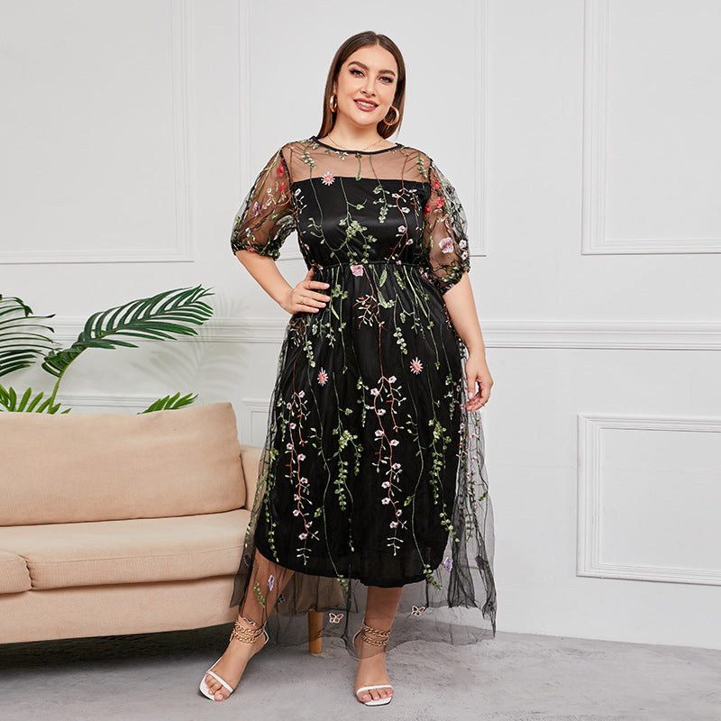 hepburn maxi dress Plus Size French Hepburn Dress Women Mesh Embroidered Banquet Party Ma –  Lady Ros