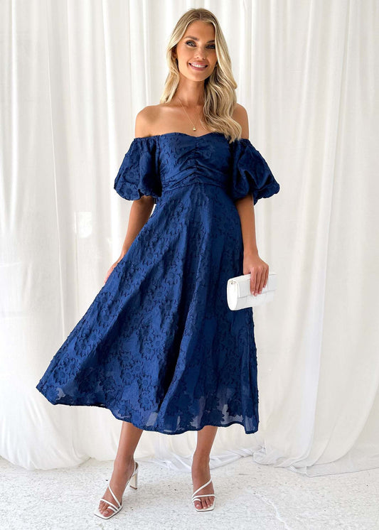 Spring Summer Women Elegant Mid Waist Off Neck Floral Dress Purplish Blue