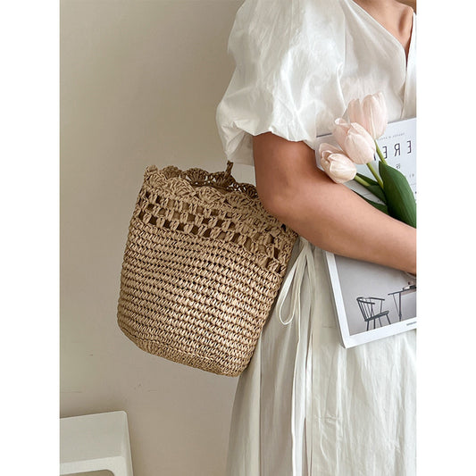 Raffia Shoulder Straw Bag Hollow Out Cutout Lace Straw Bag Woven Bag Vacation Beach Bag Women Bag One Size Brown