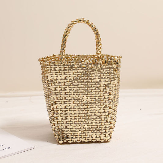 Gold Silver Color Portable Vegetable Basket Bag Solid Color Large Capacity Hand Carrying Woven Bag Seaside Vacation Beach Bag One Size BRICS
