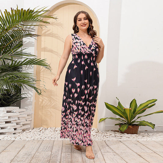 Plus Size Floral Print Dress Women Ice Silk V neck Holiday Beach Dress Long Dress Dark Blue Pink Floral