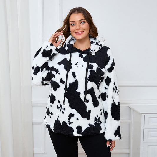 Loose Casual Cow Plush Long Sleeved Top Plump Girls Can Be Worn outside plus Size Hooded Sweater Cow Black and White