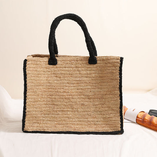 Raffia Square Straw Bag Black Edge Large Capacity Woven Tote Vacation Beach Bag Women Bag One Size Black Edge