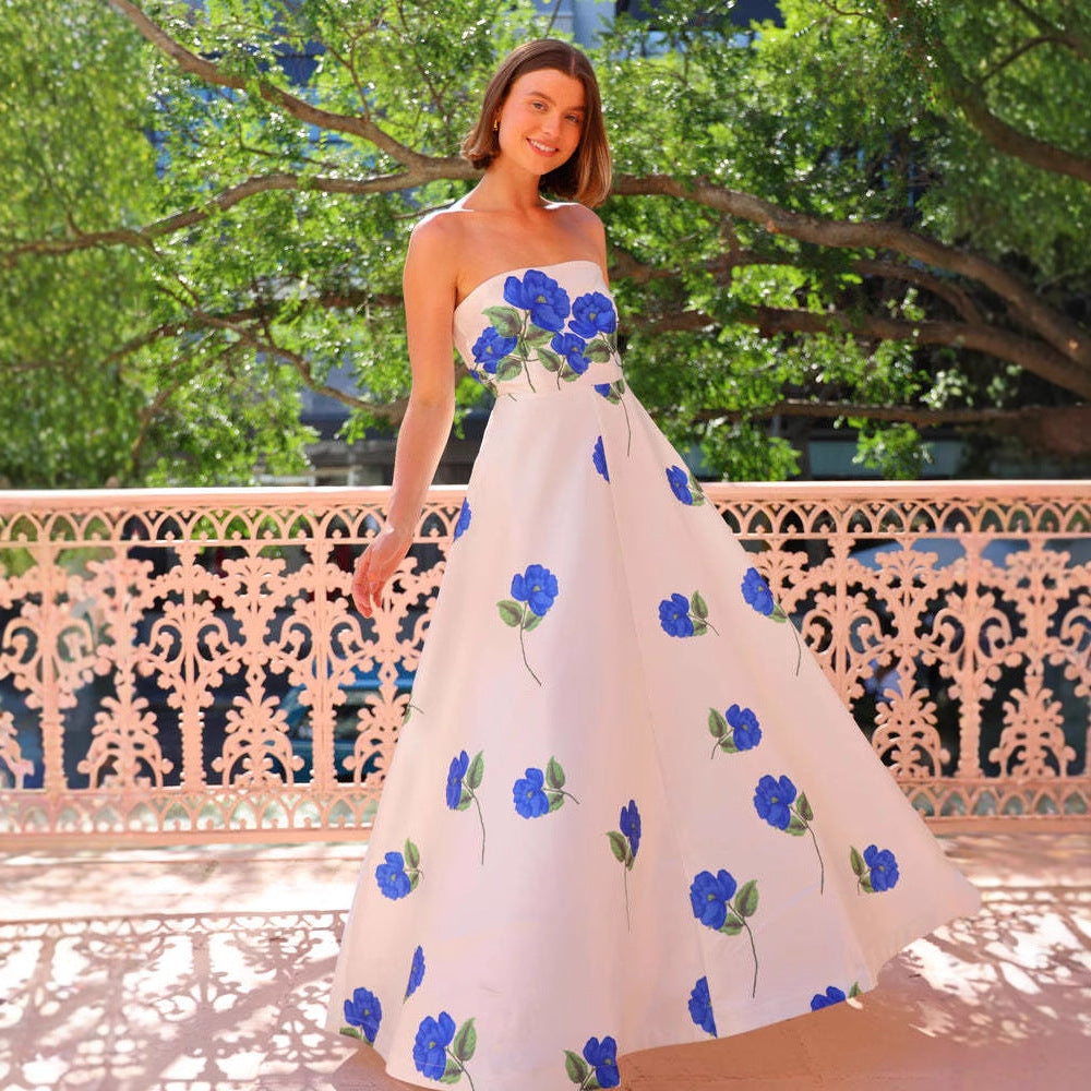 Satin Evening Dress - Strapless High Waist Floral Print Tube Top Dress White Background with Blue Print