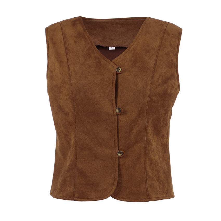 Autumn Women Clothing Coat Suede Matte Casual Short Retro British V neck Bandage Vest