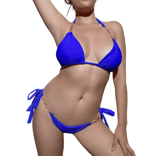 Sexy Metal Chain Two Pieces Swimsuit Solid Color Swimsuit Women High Quality Bikini Blue