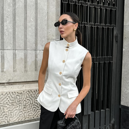 Fashionable Elegant Sleeveless Vest Top Spring Summer White Small Stand Collar Office Casual Shirt