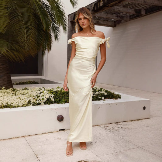 Summer off the Shoulder off Neck Bandage Elegant Sexy Dress Stretch Skinny Sheath Maxi Dress Gold