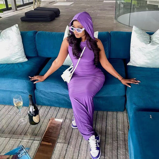 Summer Women Clothing Solid Color Hooded Sleeveless Sheath Split Dress Women