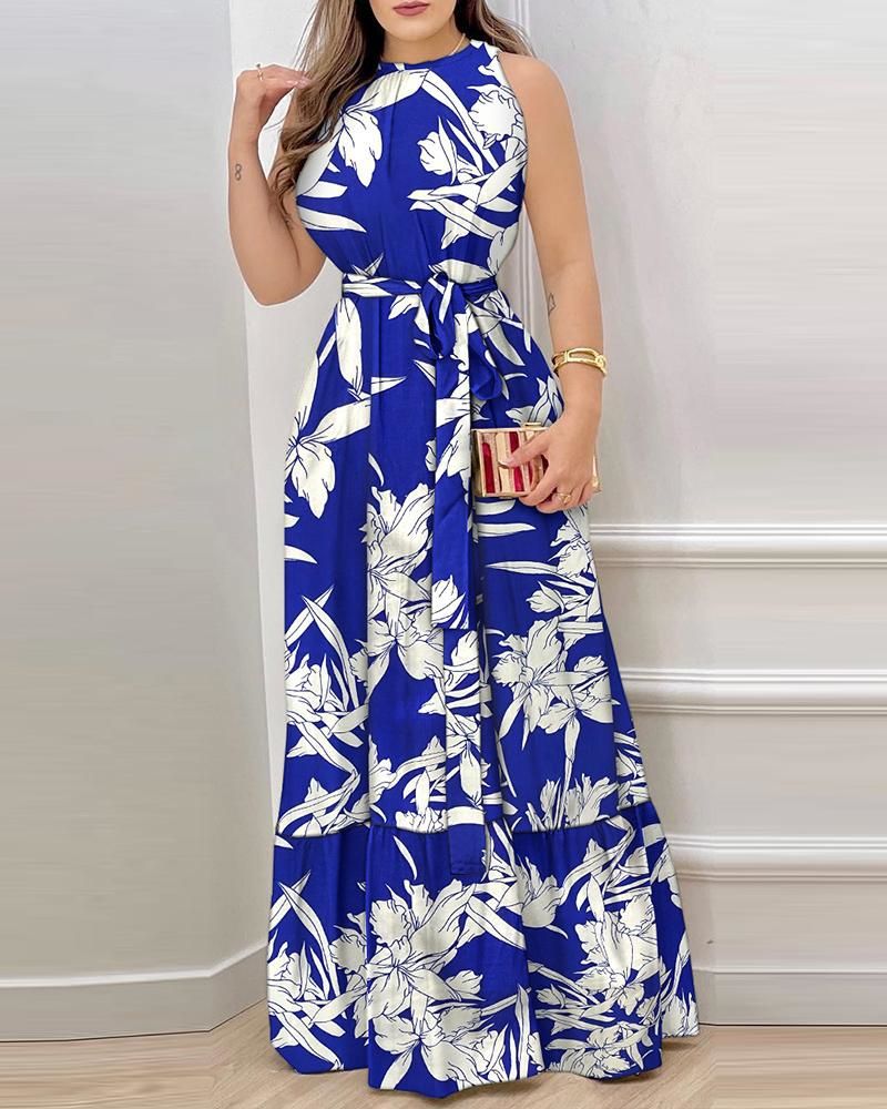 Summer Retro Fashionable round Neck Printed Halter Dress Long Dress Blue Background Flowers