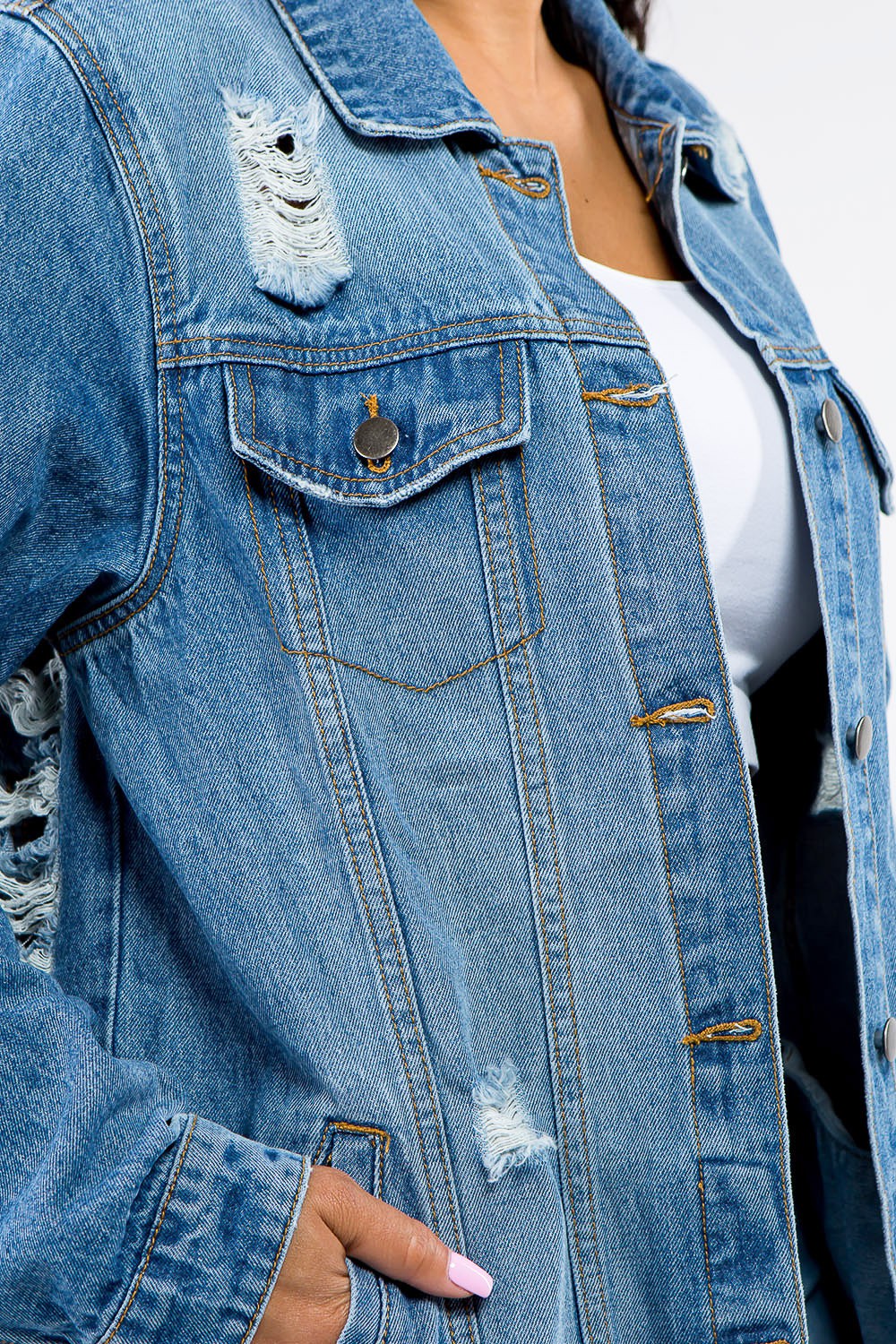 Women's Distressed Denim Button-Up Jacket
