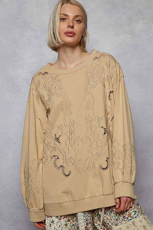 POL Round Neck French Terry Sweatshirt with Cutout Detail