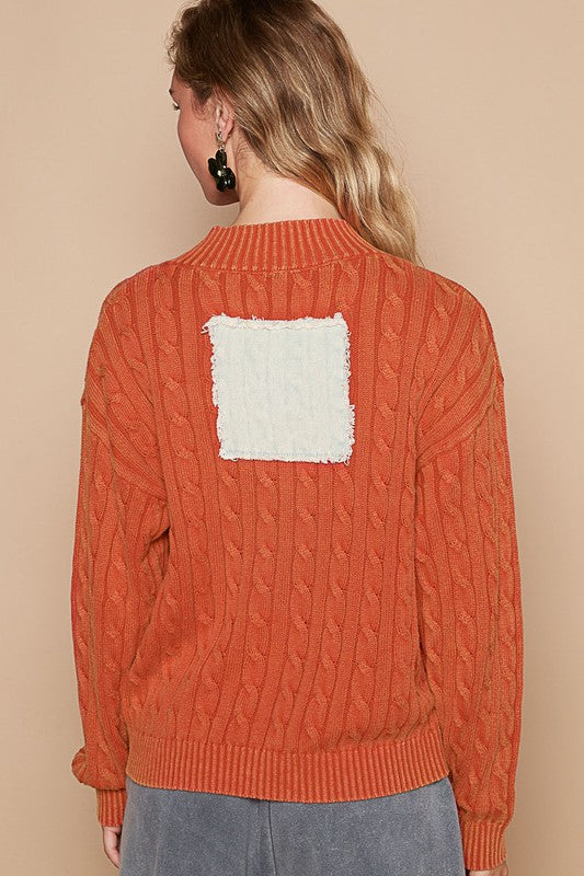 Back To School Sweater - POL Cable-Knit Peace Patch Dropped Shoulder Sweater