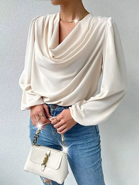 Full Size Cowl Neck Balloon Sleeve Blouse Plus Size Apricot