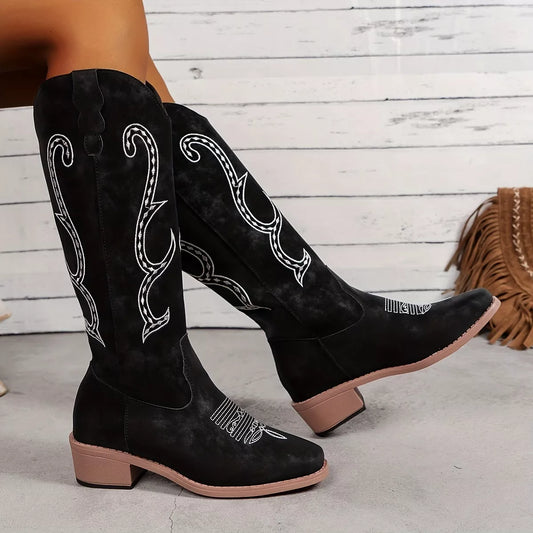 Embroidered Round Toe Block Heels Boots