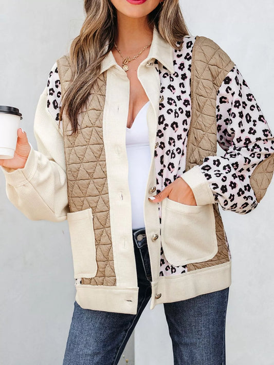 Leopard Waffle Quilted Patchwork Button Front Jacket